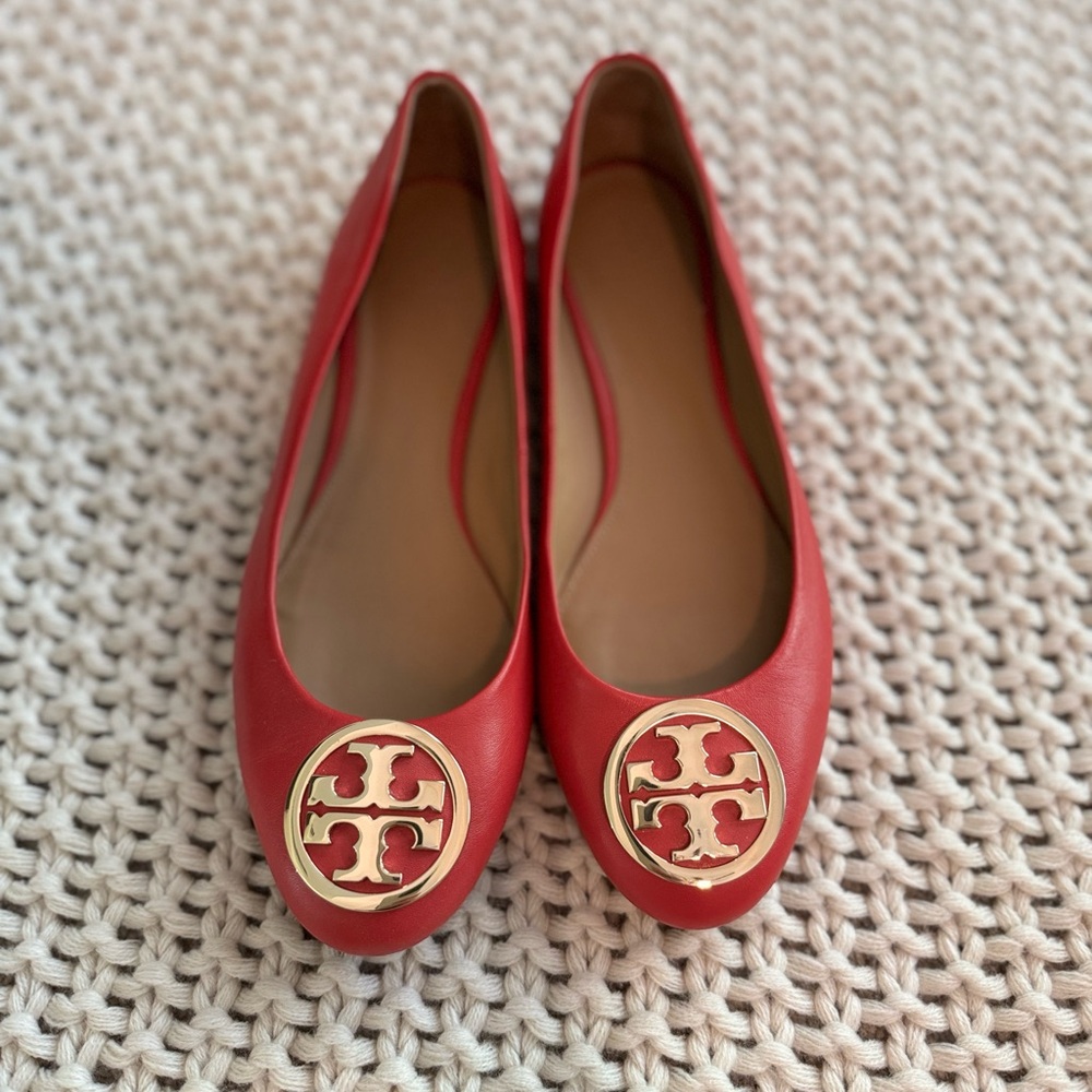 Tory Burch Red Flats with Gold Logo